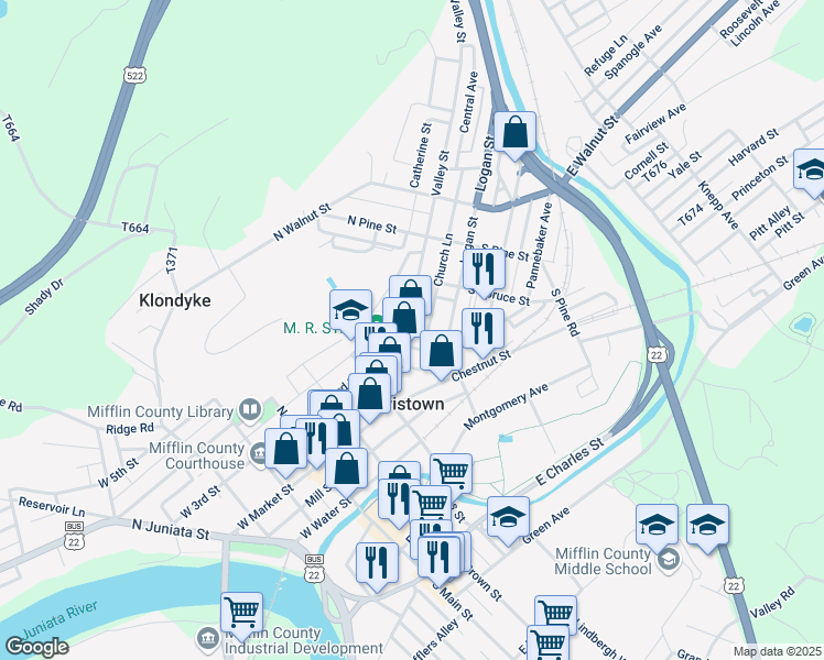 map of restaurants, bars, coffee shops, grocery stores, and more near 114 Valley Street in Lewistown