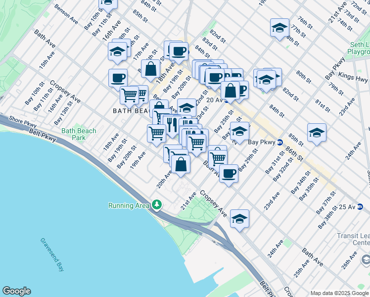 map of restaurants, bars, coffee shops, grocery stores, and more near 8762 20th Avenue in Brooklyn