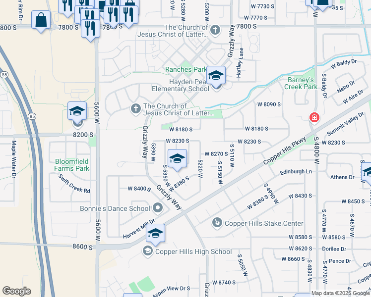 map of restaurants, bars, coffee shops, grocery stores, and more near 5288 West 8230 South in West Jordan