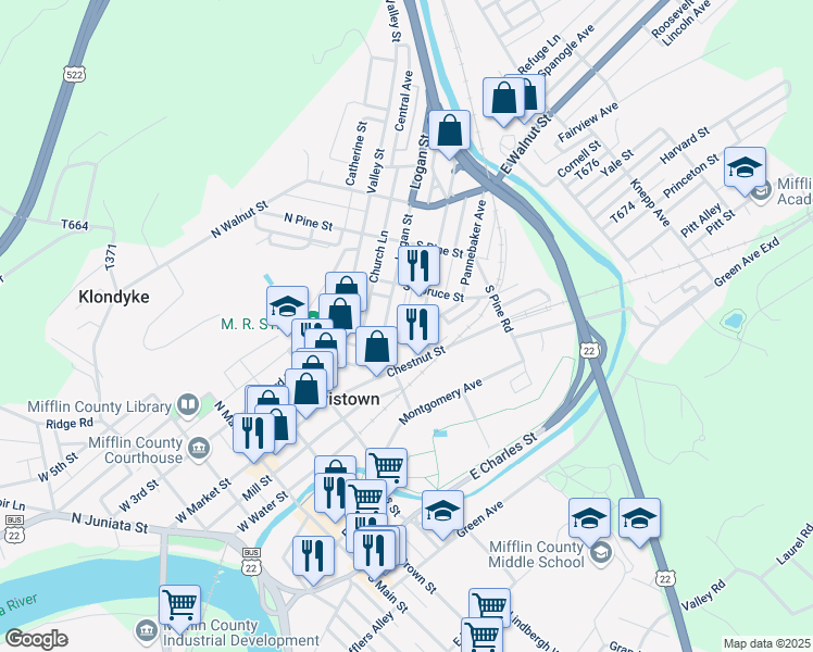 map of restaurants, bars, coffee shops, grocery stores, and more near 36 Forsythe Street in Lewistown