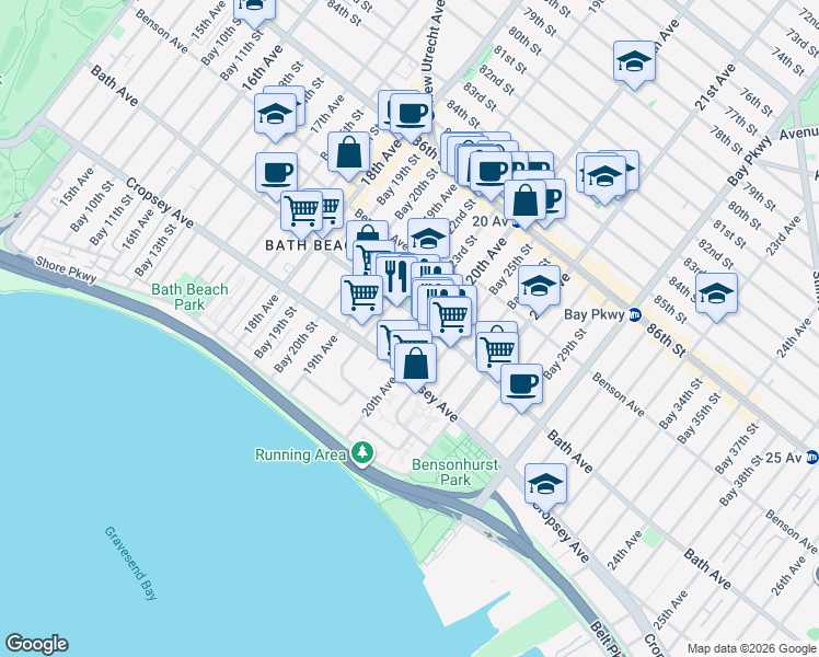 map of restaurants, bars, coffee shops, grocery stores, and more near 173 Bay 23rd Street in Brooklyn
