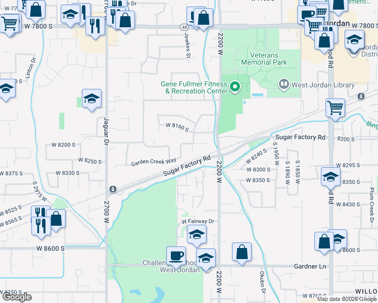 map of restaurants, bars, coffee shops, grocery stores, and more near 8246 Creekwood Circle in West Jordan