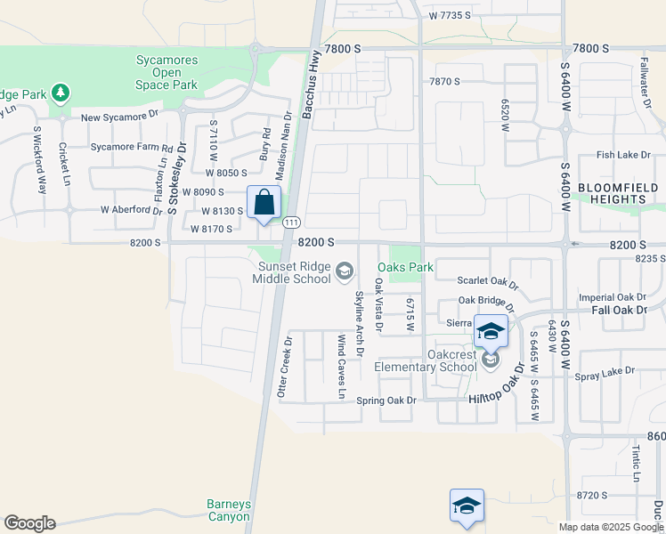 map of restaurants, bars, coffee shops, grocery stores, and more near 6881 West 8200 South in West Jordan