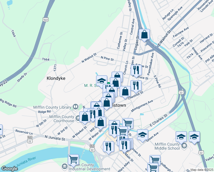 map of restaurants, bars, coffee shops, grocery stores, and more near 214 East 4th Street in Lewistown