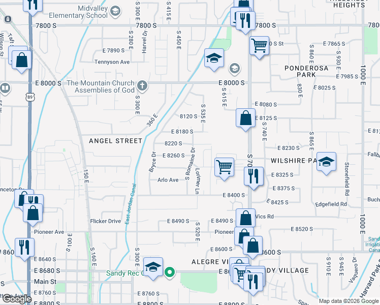 map of restaurants, bars, coffee shops, grocery stores, and more near 8248 South Romaine Drive in Sandy