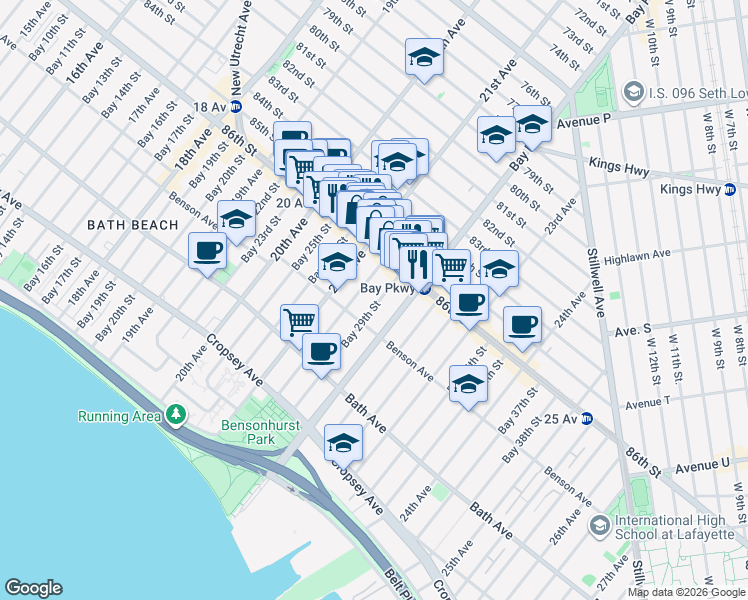 map of restaurants, bars, coffee shops, grocery stores, and more near 54 Bay 29th Street in Brooklyn