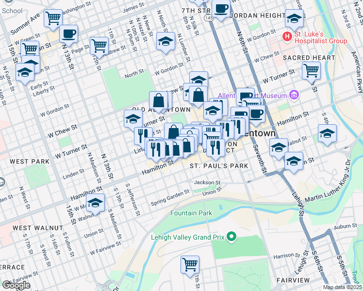 map of restaurants, bars, coffee shops, grocery stores, and more near 951 West Court Street in Allentown