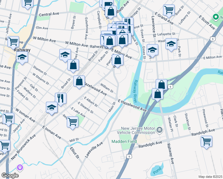 map of restaurants, bars, coffee shops, grocery stores, and more near 270 Adams Street in Rahway