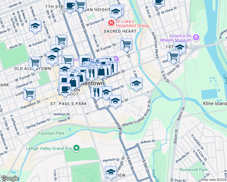 map of restaurants, bars, coffee shops, grocery stores, and more near 530 Walnut Street in Allentown