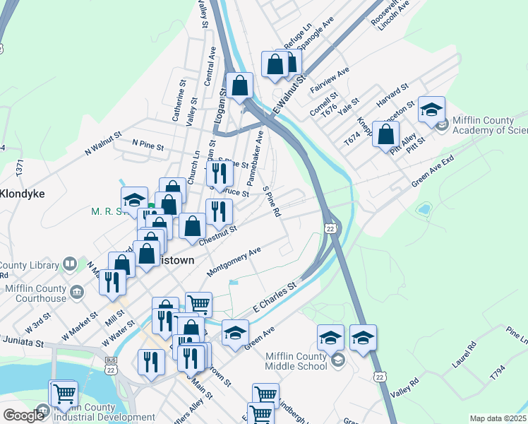 map of restaurants, bars, coffee shops, grocery stores, and more near 127 Chestnut Street in Lewistown