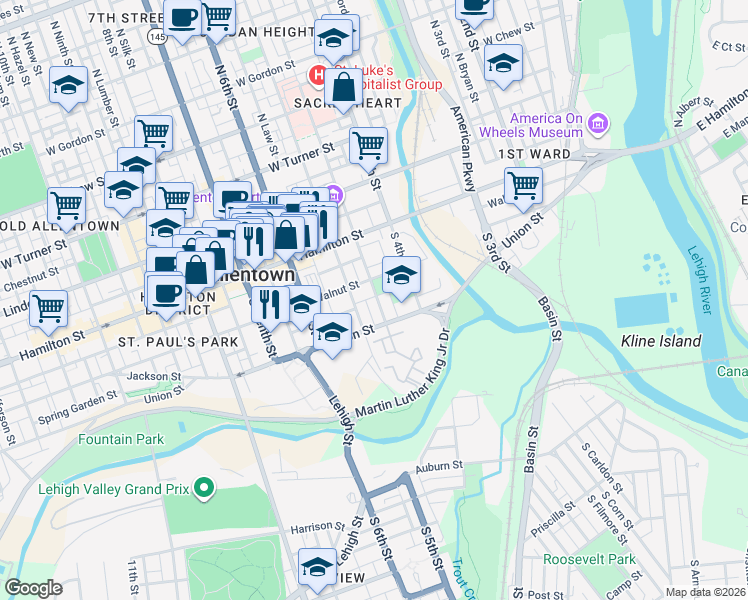 map of restaurants, bars, coffee shops, grocery stores, and more near 444 Walnut Street in Allentown