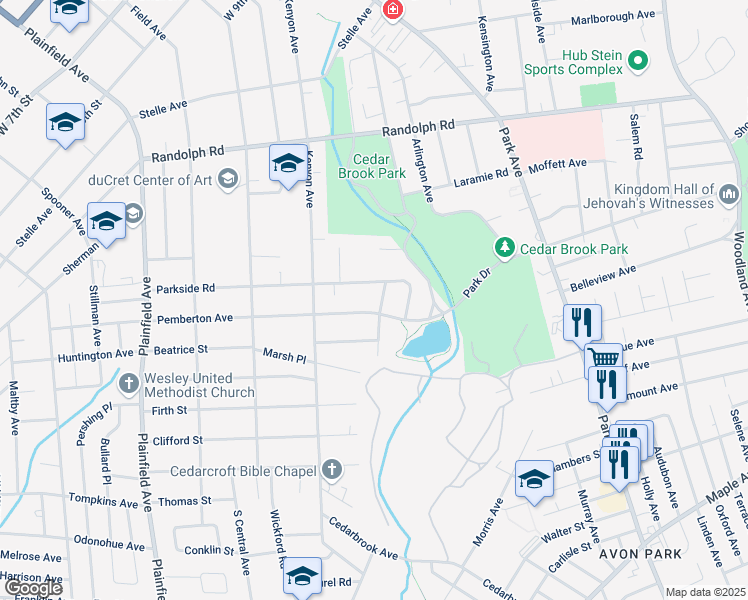 map of restaurants, bars, coffee shops, grocery stores, and more near 1114 Lakeview Terrace in Plainfield