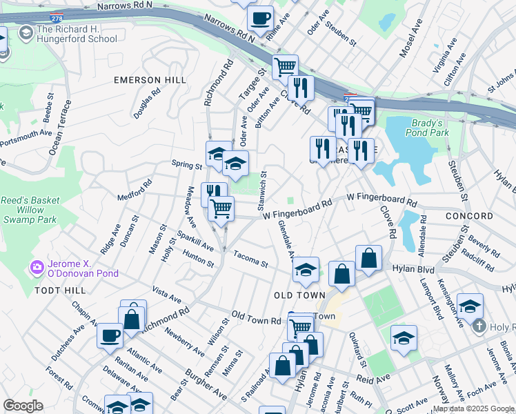 map of restaurants, bars, coffee shops, grocery stores, and more near 34 Stanwich Street in Staten Island