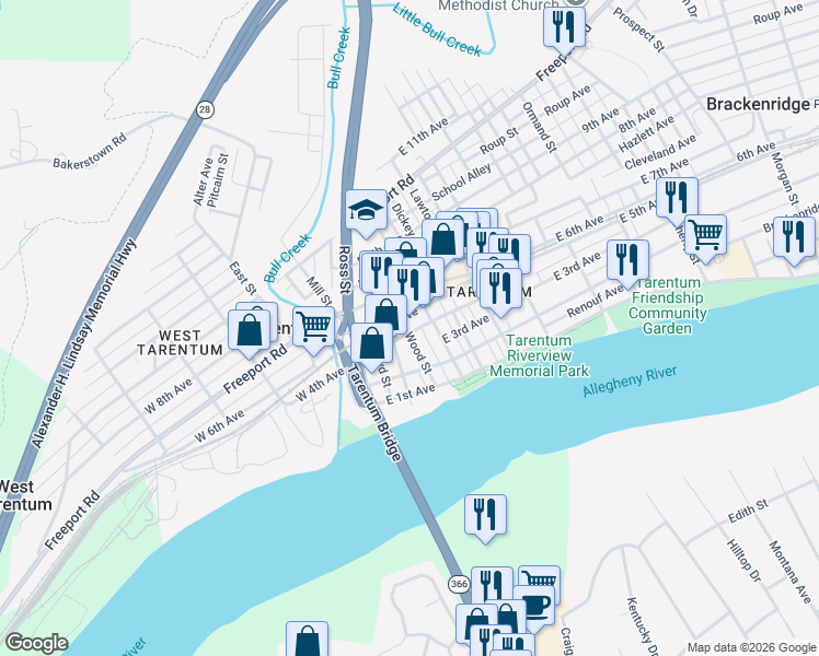 map of restaurants, bars, coffee shops, grocery stores, and more near 209 East 6th Avenue in Tarentum