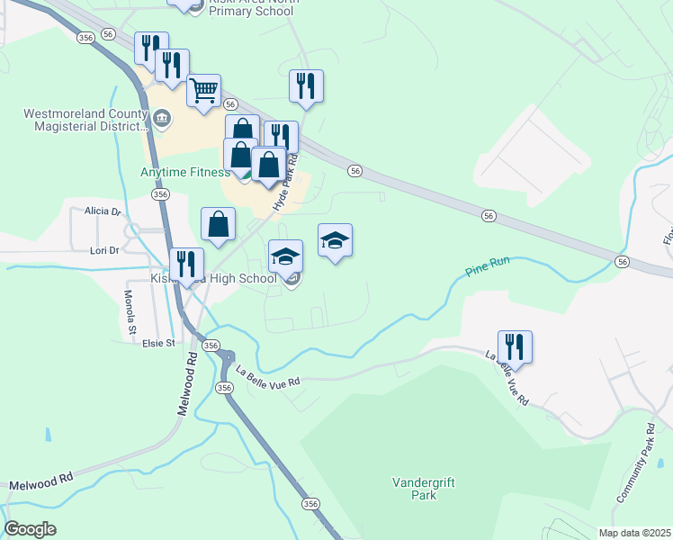 map of restaurants, bars, coffee shops, grocery stores, and more near 260 Hyde Park Road in Vandergrift