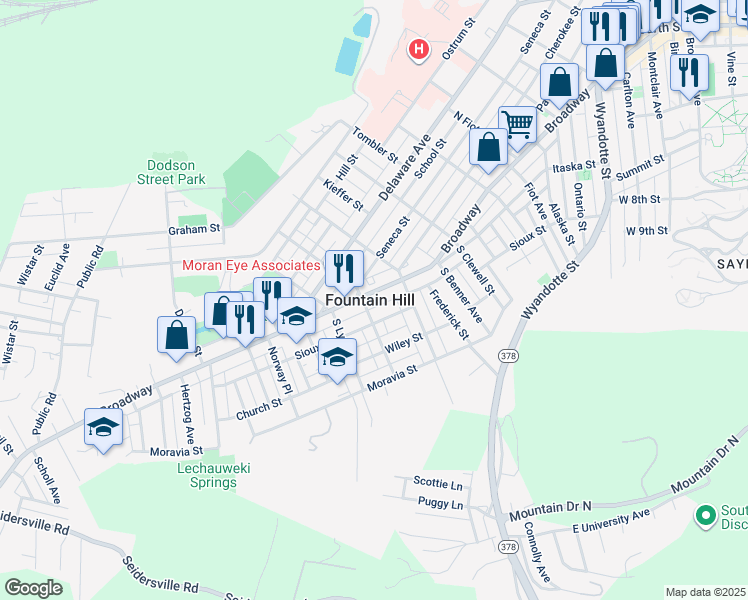 map of restaurants, bars, coffee shops, grocery stores, and more near 1140 Broadway in Fountain Hill