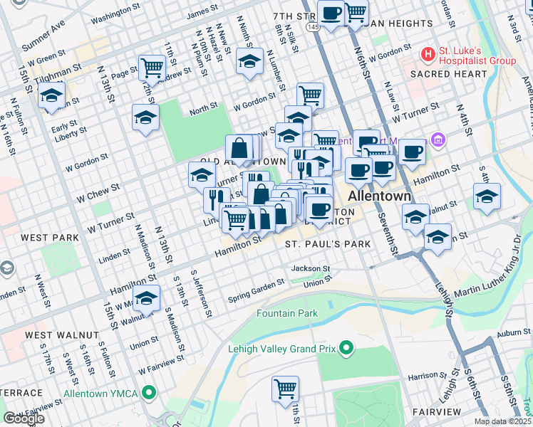 map of restaurants, bars, coffee shops, grocery stores, and more near 29 North 10th Street in Allentown