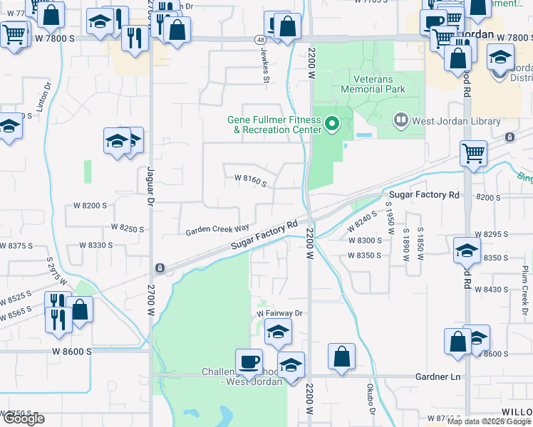 map of restaurants, bars, coffee shops, grocery stores, and more near 8246 Creekwood Circle in West Jordan