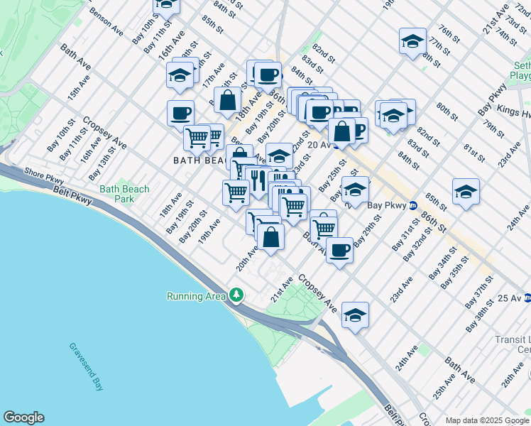 map of restaurants, bars, coffee shops, grocery stores, and more near 173 Bay 23rd Street in Brooklyn