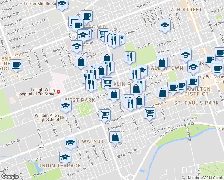 map of restaurants, bars, coffee shops, grocery stores, and more near 1335 West Turner Street in Allentown
