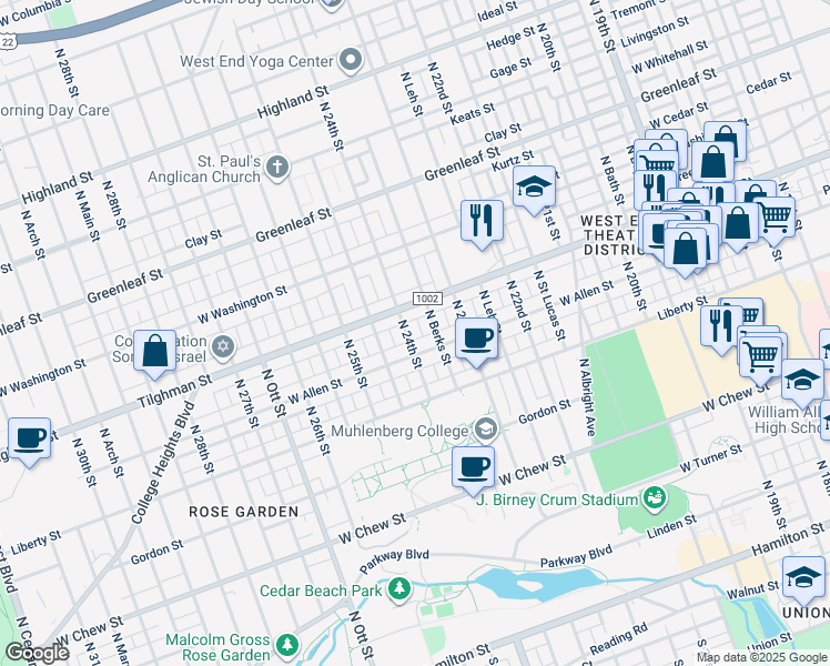 map of restaurants, bars, coffee shops, grocery stores, and more near 617 North 24th Street in Allentown