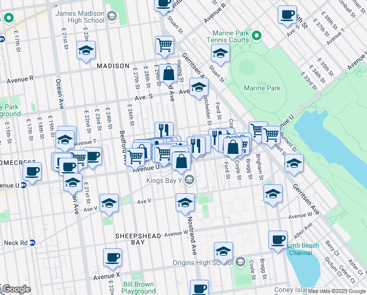 map of restaurants, bars, coffee shops, grocery stores, and more near 3395 Nostrand Avenue in Brooklyn