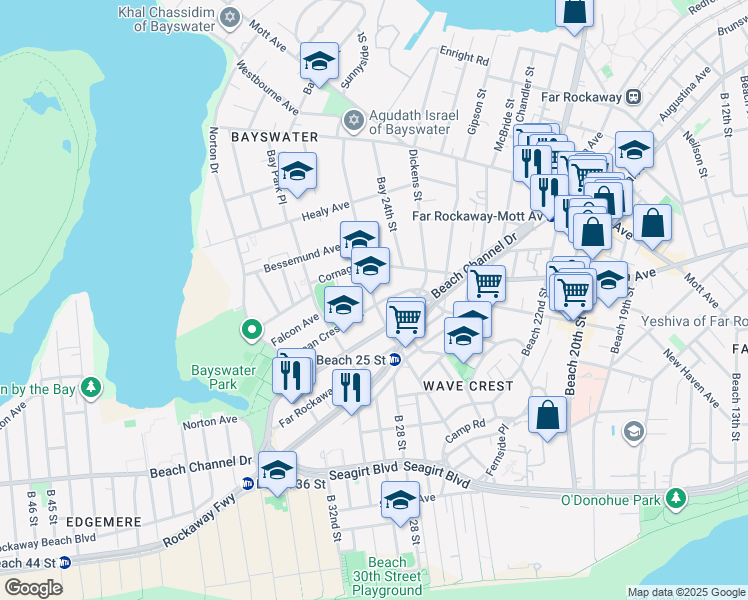map of restaurants, bars, coffee shops, grocery stores, and more near 821 Beach 25th St in Queens