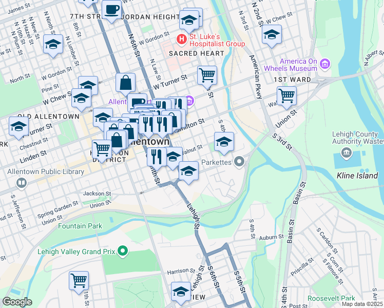 map of restaurants, bars, coffee shops, grocery stores, and more near 515 Walnut Street in Allentown