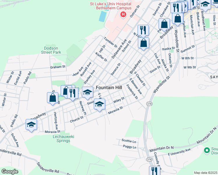 map of restaurants, bars, coffee shops, grocery stores, and more near 1142 Broadway in Fountain Hill