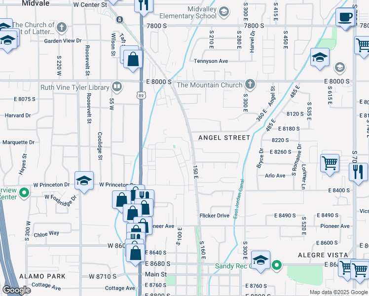 map of restaurants, bars, coffee shops, grocery stores, and more near 8248 South Resaca Drive in Sandy