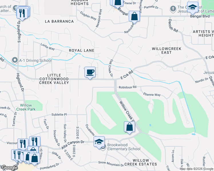 map of restaurants, bars, coffee shops, grocery stores, and more near 2542 Creek Road in Sandy