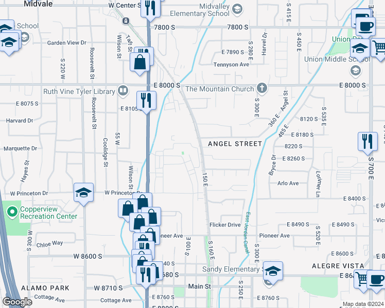 map of restaurants, bars, coffee shops, grocery stores, and more near 126 East Resaca Drive in Sandy