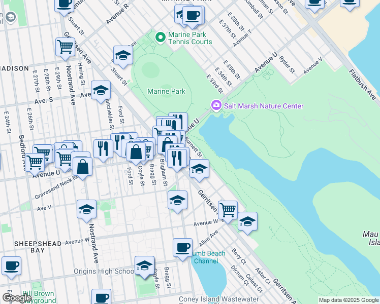 map of restaurants, bars, coffee shops, grocery stores, and more near 2220 Burnett Street in Brooklyn