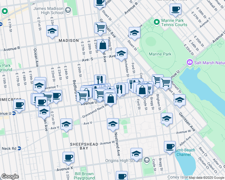 map of restaurants, bars, coffee shops, grocery stores, and more near 2031 Haring Street in Brooklyn