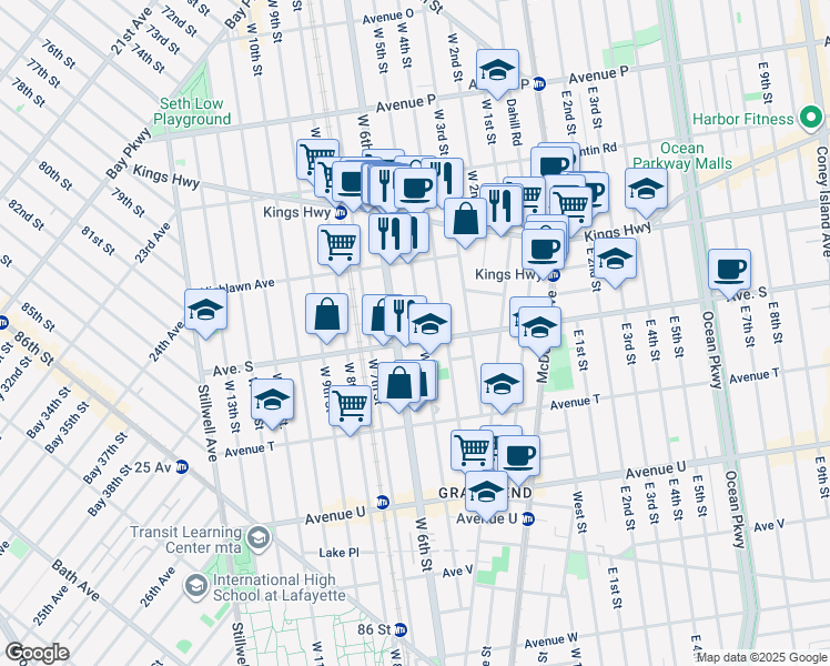 map of restaurants, bars, coffee shops, grocery stores, and more near 1868 West 4th Street in Brooklyn