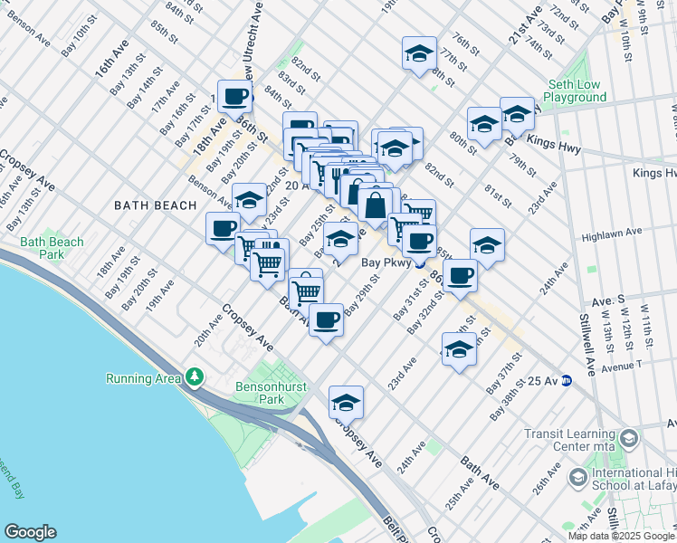 map of restaurants, bars, coffee shops, grocery stores, and more near 2063 Benson Avenue in Brooklyn