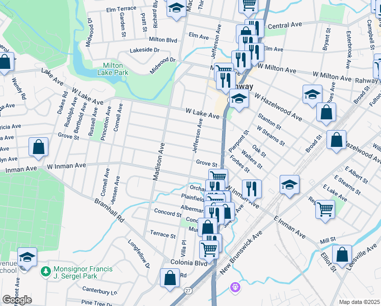 map of restaurants, bars, coffee shops, grocery stores, and more near 497 Sycamore Street in Rahway