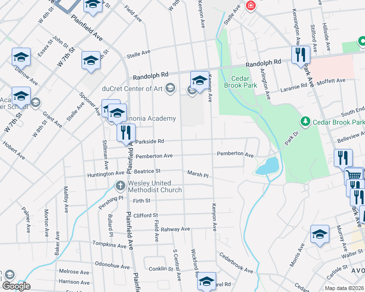 map of restaurants, bars, coffee shops, grocery stores, and more near 1094 Central Avenue in Plainfield