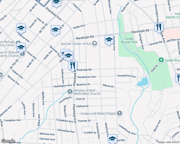 map of restaurants, bars, coffee shops, grocery stores, and more near 430 Parkside Road in Plainfield