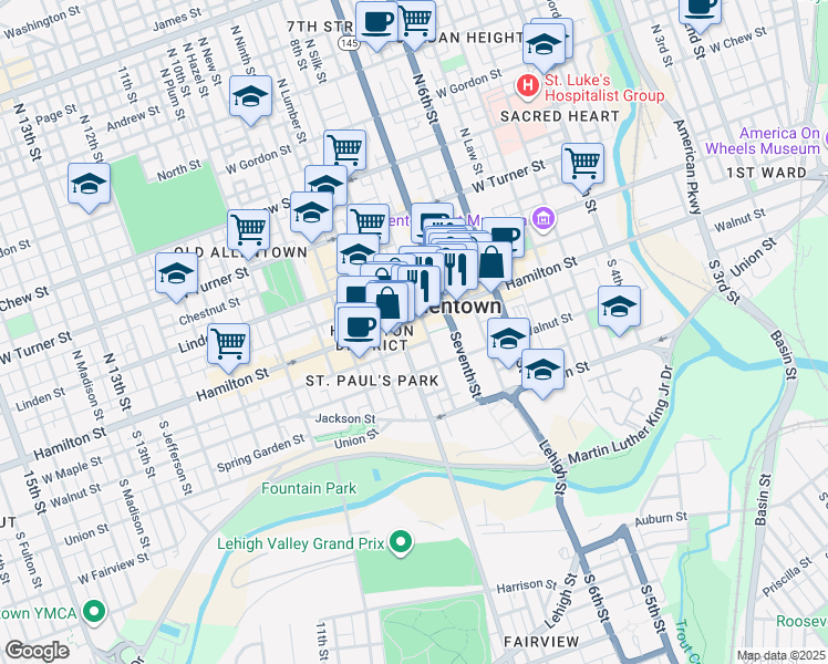 map of restaurants, bars, coffee shops, grocery stores, and more near in Allentown