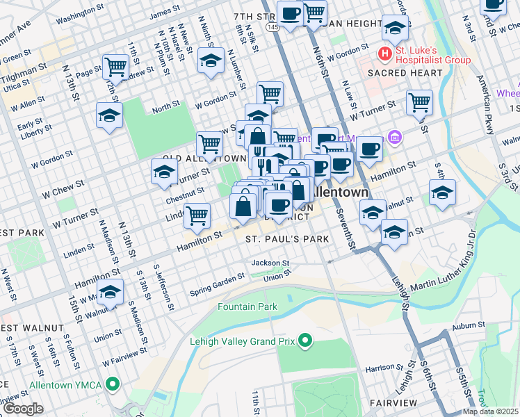 map of restaurants, bars, coffee shops, grocery stores, and more near 25 North Ninth Street in Allentown