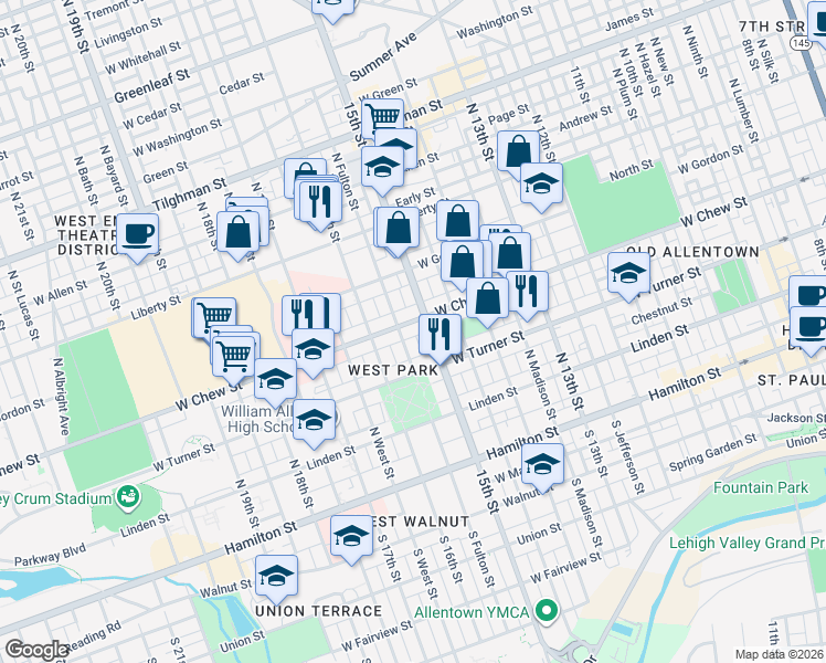 map of restaurants, bars, coffee shops, grocery stores, and more near in Allentown