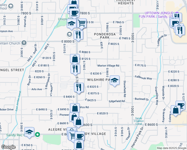map of restaurants, bars, coffee shops, grocery stores, and more near 788 East 8230 South in Sandy