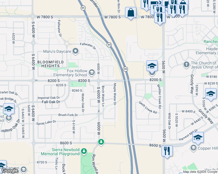 map of restaurants, bars, coffee shops, grocery stores, and more near 5939 Birch Water Lane in West Jordan