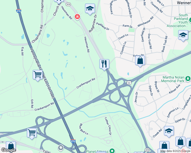 map of restaurants, bars, coffee shops, grocery stores, and more near 4607 Crackersport Road in Allentown