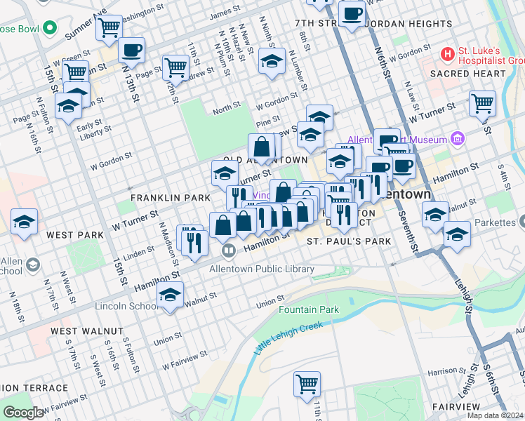 map of restaurants, bars, coffee shops, grocery stores, and more near 1036 East Linden Street in Allentown