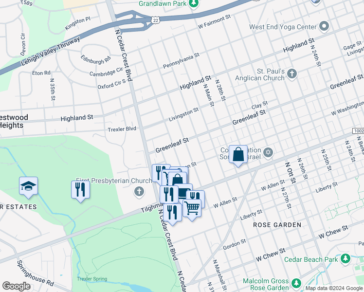 map of restaurants, bars, coffee shops, grocery stores, and more near 3008 West Greenleaf Street in Allentown
