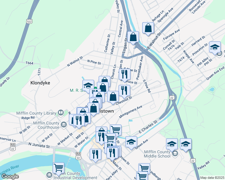 map of restaurants, bars, coffee shops, grocery stores, and more near 51 Logan Street in Lewistown