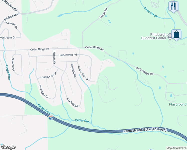map of restaurants, bars, coffee shops, grocery stores, and more near 3570 Huntertown Road in Allegheny County