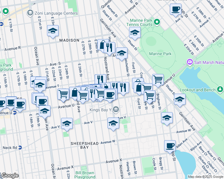 map of restaurants, bars, coffee shops, grocery stores, and more near 3395 Nostrand Avenue in Brooklyn